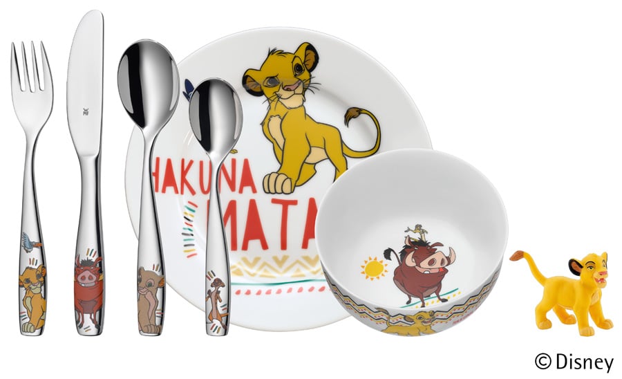 WMF The Lion King Kinderbesteck-Set 6-teilig, Länge 16,5 / 18,5 / 16,5 / 13 cm, Cromargan® Edelstahl Rostfrei 18/10, poliert, Porzellan