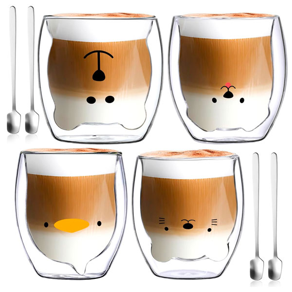 Tazas-de-Café-Oso,-Juego-de-4-Tazas-de-Cafe-Cristal-Aislado-Doble-Pared