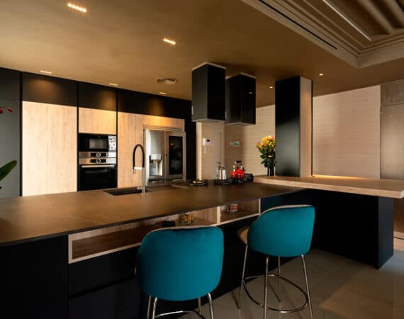 Isla de cocina moderna con estanterías